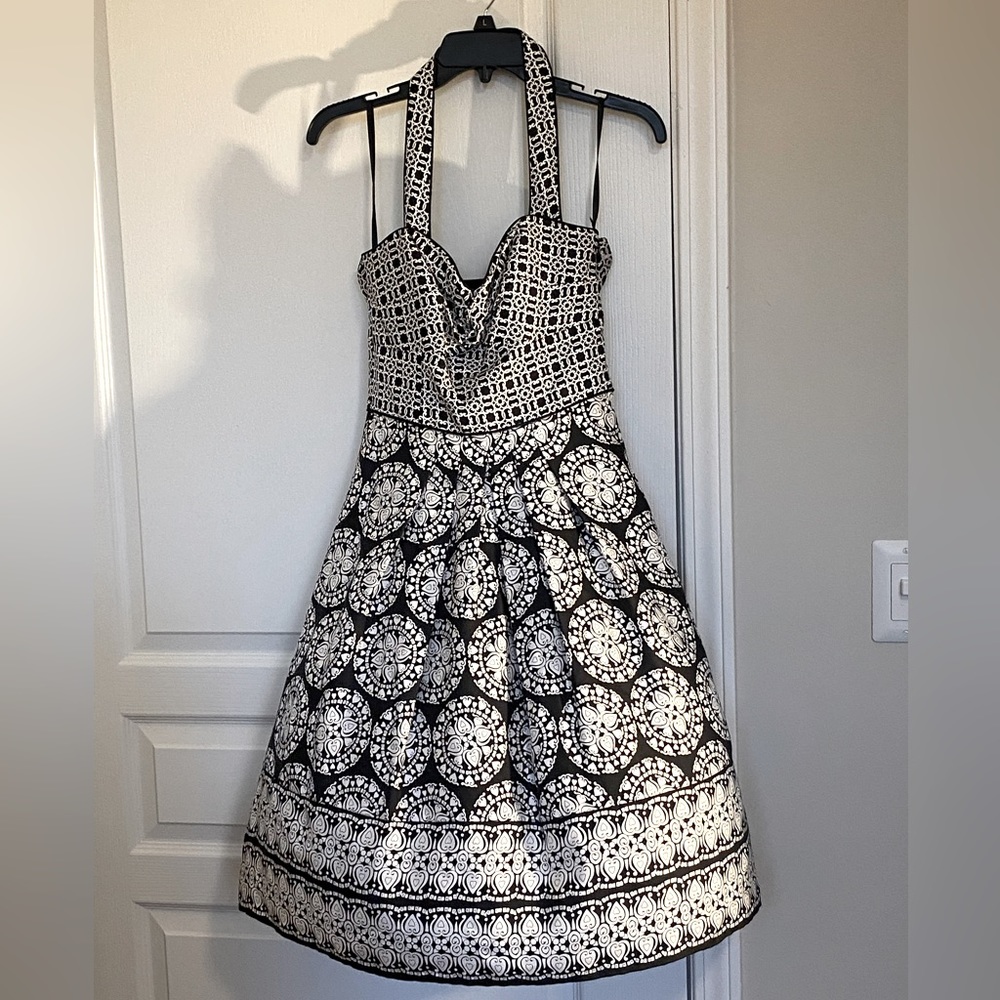 White House Black Market 100% silk black and white printed halter dress. - Picture 7 of 12